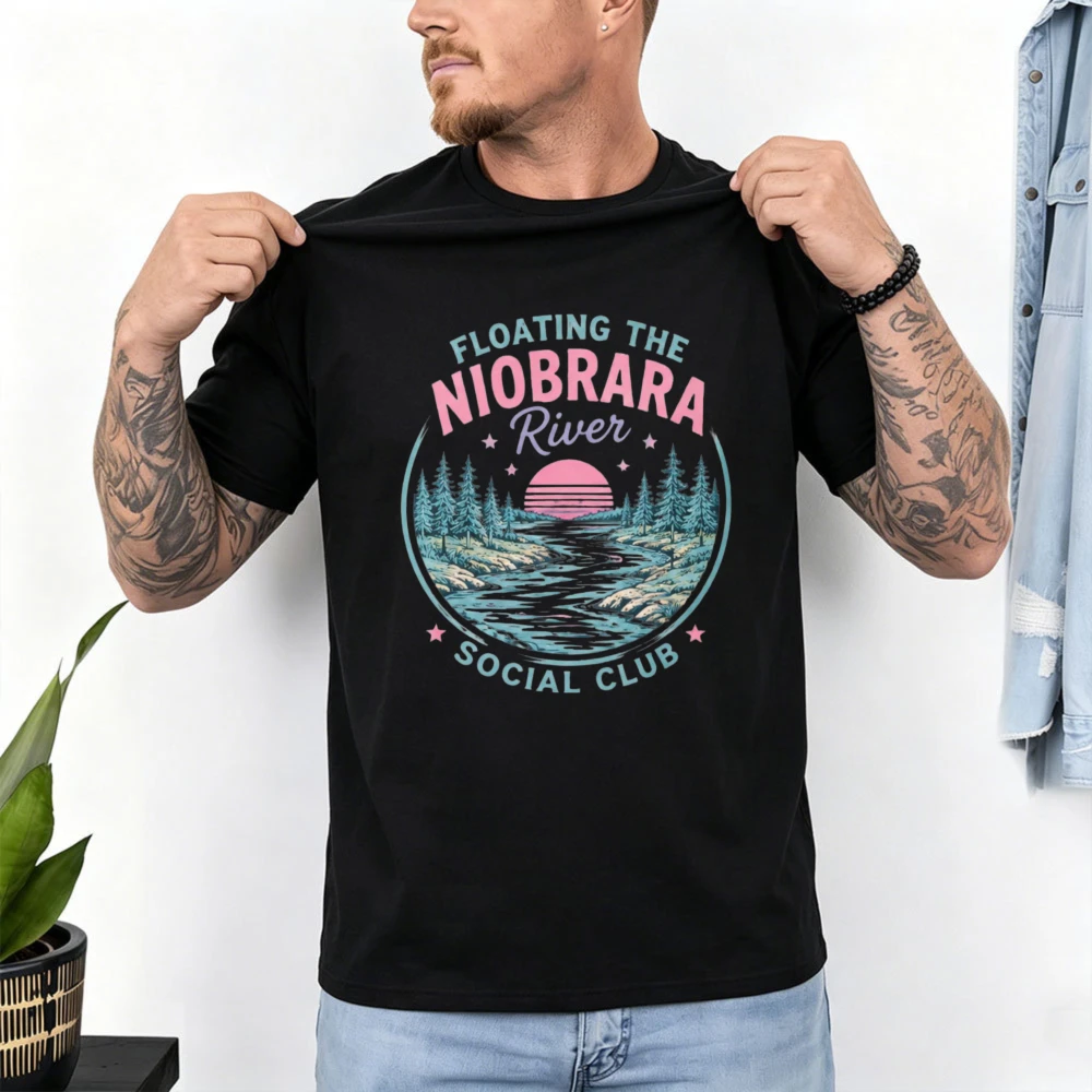 Фото Футболка Niobrara River Floating Social Club для женщин, в стиле ретро, с принтом горного заката и кругов, хлопковая, свободного кроя, для активного отдыха на природе, для походов по реке №2