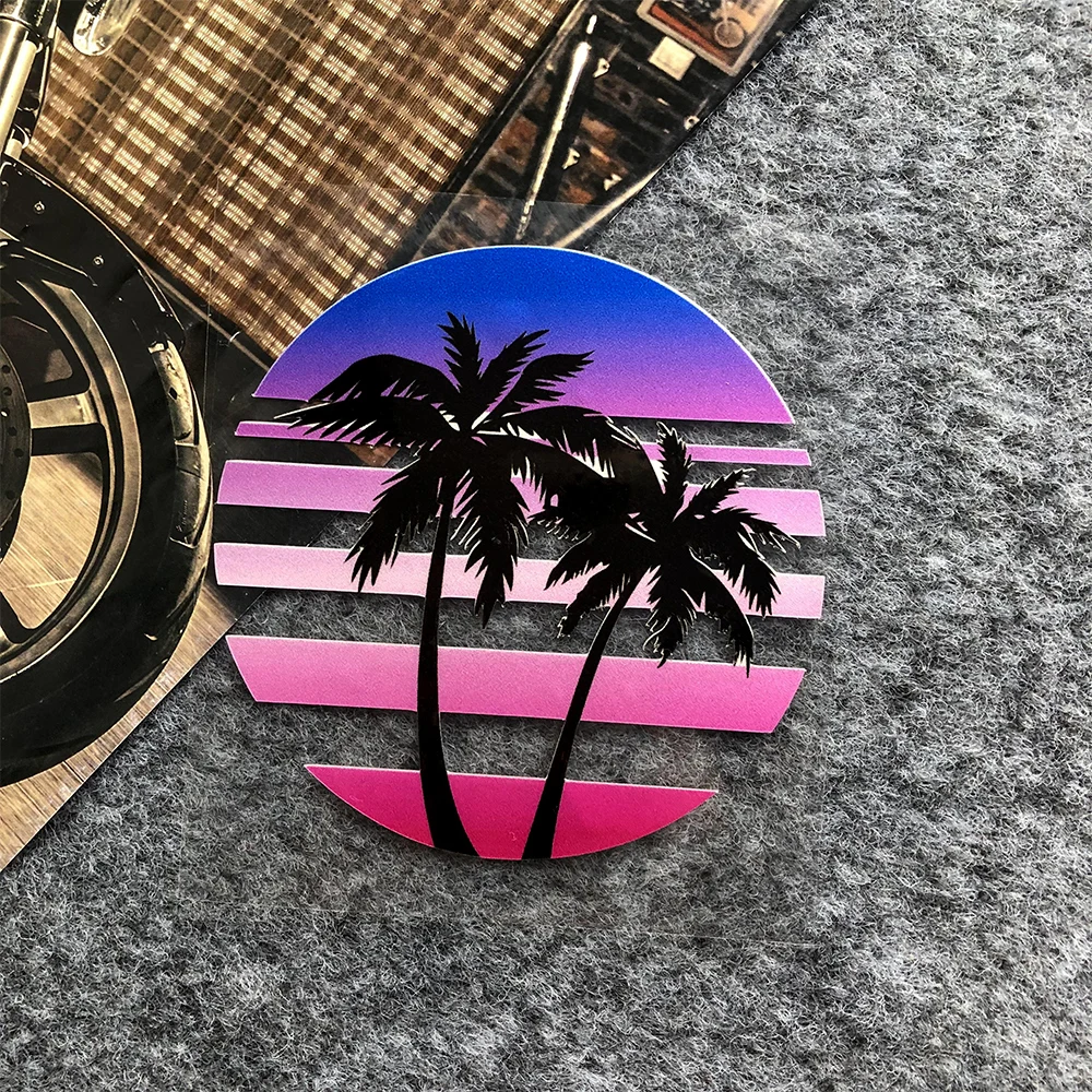 

Винтажные наклейки на автомобиль с закатом, неоновая кокосовая пальма, декор для кузова мотоцикла, лобовое стекло, авто, оконное стекло, аксессуары для мотошлема, наклейки
