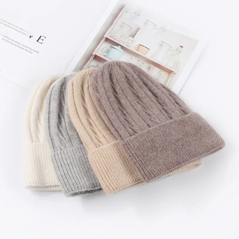 

Rabbit Fur Knitted beanies 2022 Winter Wool Hat Confinement Cap Soft Glutinous Warm Hat Chapeau Female