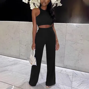 Women's Summer 2 Piece Outfits Round Neck Crop Basic Top Cropped Wide Leg Pants Set Fashion Solid Elegant Pant Suits For Women 1