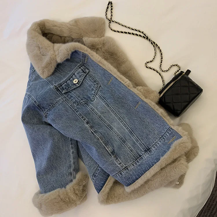 Lamb hair denim coat women's plush thickened fluffy casual cotton suit loose style overcome women's fur winter