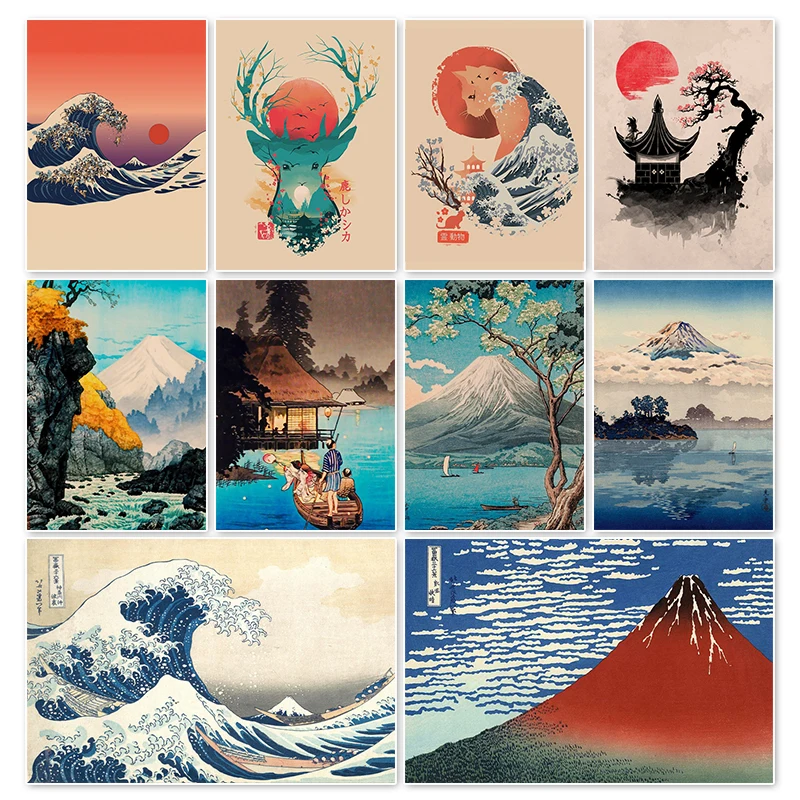 

Ретро Картина на холсте Kanagawa Mount Fuji Hd печатные плакаты домашнее настенное искусство картины украшение бара кафе пейзаж живопись Декор