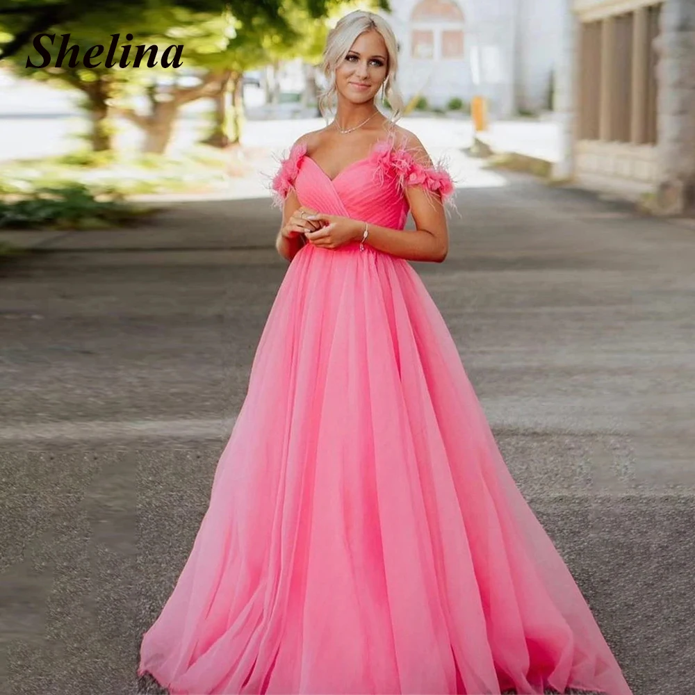 

Shelina Classic Feather Formal Evening Dresses V-neck Off the Shoulder A-line Evening Gowns Vestido De Noite Customer Made