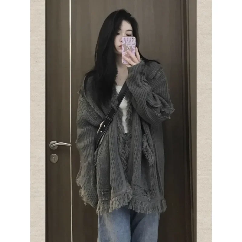 

2023 винтажный свитер Harajuku Модный женский джемпер оверсайз кардиганы Корейская уличная одежда Новинка вязаные серые свитера осенний шикарный