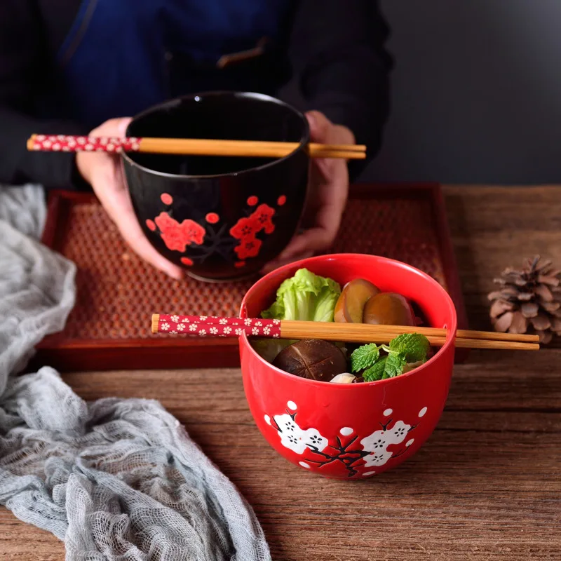 

470ML Ceramic Bowls 2-Piece Japanese Style Porcelain Bowl Set Noodle Ramen Rice Bowl With 2 Pairs Bamboo Chopsticks Tableware