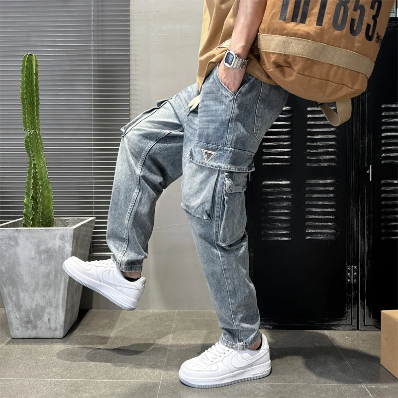 Fashion Designer Men Jeans Loose Fit Retro Blue Multi Pockets Casual Wear Denim Harem Pants Hombre Street Hip Hop Wide Leg Jeans