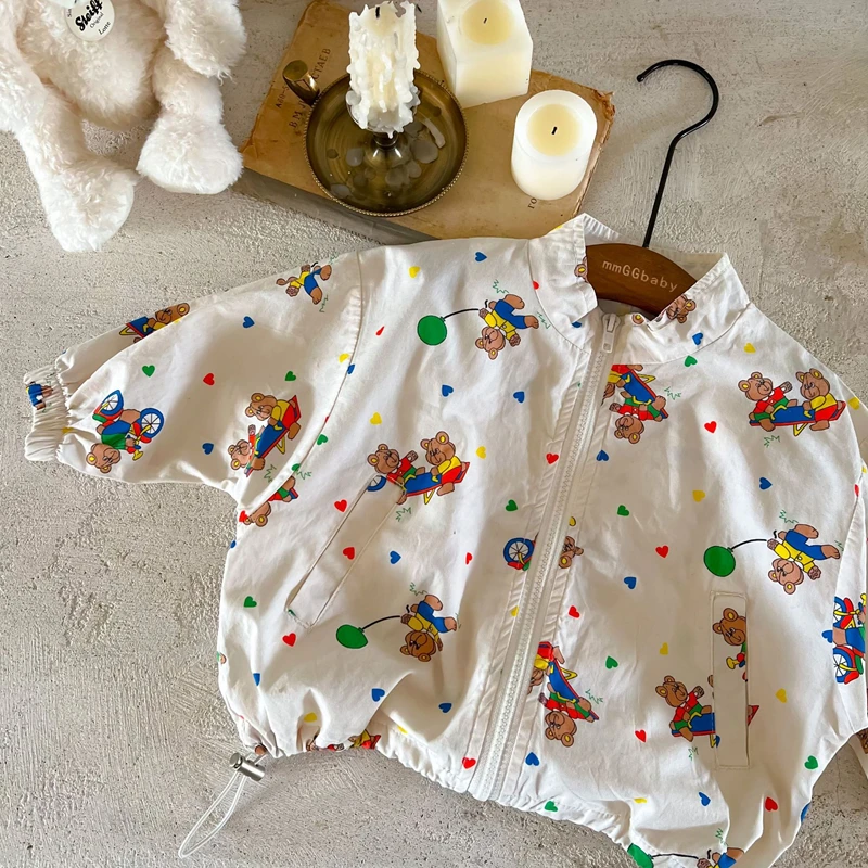 

Kids Clothes Girls Jackets Spring New Cartoon Bear Print Boy Zipper Coat for Babies Cotton Cute Stand Collar Children's Clothing