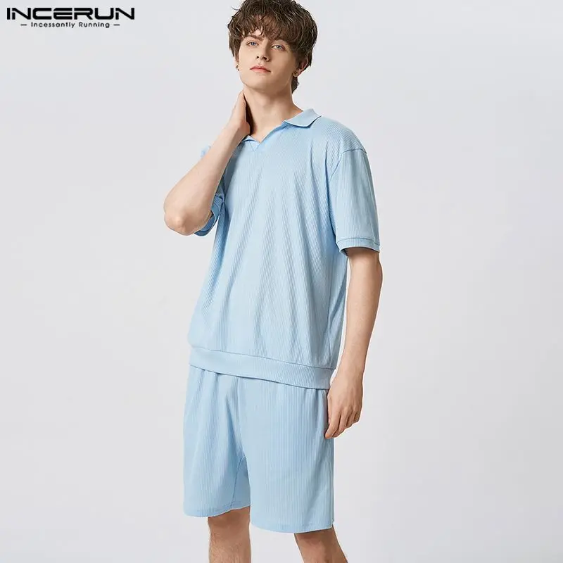 

Casual Simple Style Sets INCERUN New Men's Short-sleeved Shirts Shorts Fashion All-match Solid Comfortable Two-piece Sets S-5XL