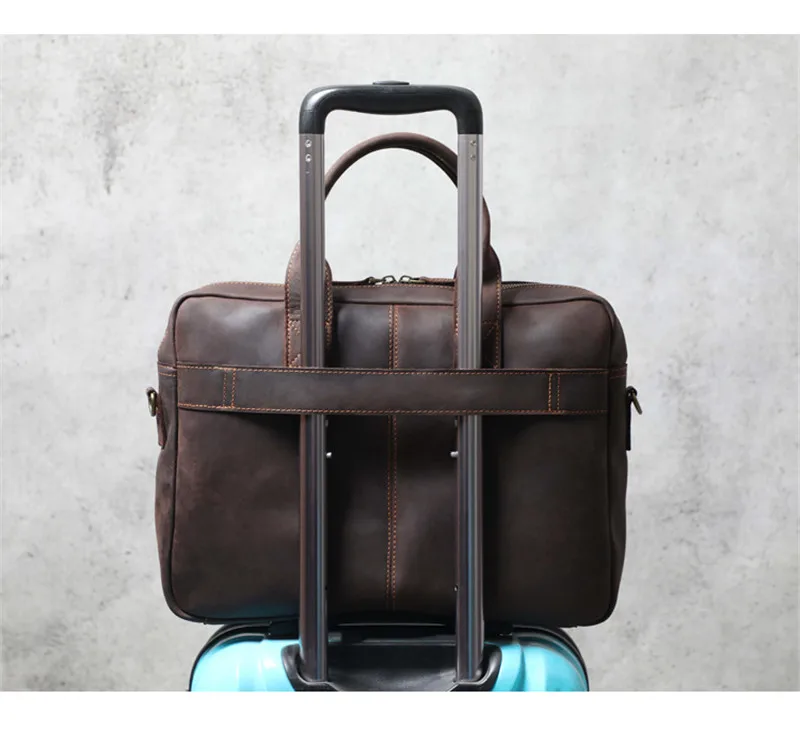 Retro fashion handmade designer crazy horse cowhide men 14 inch coffee briefcase outdoor office laptop computer business handbag