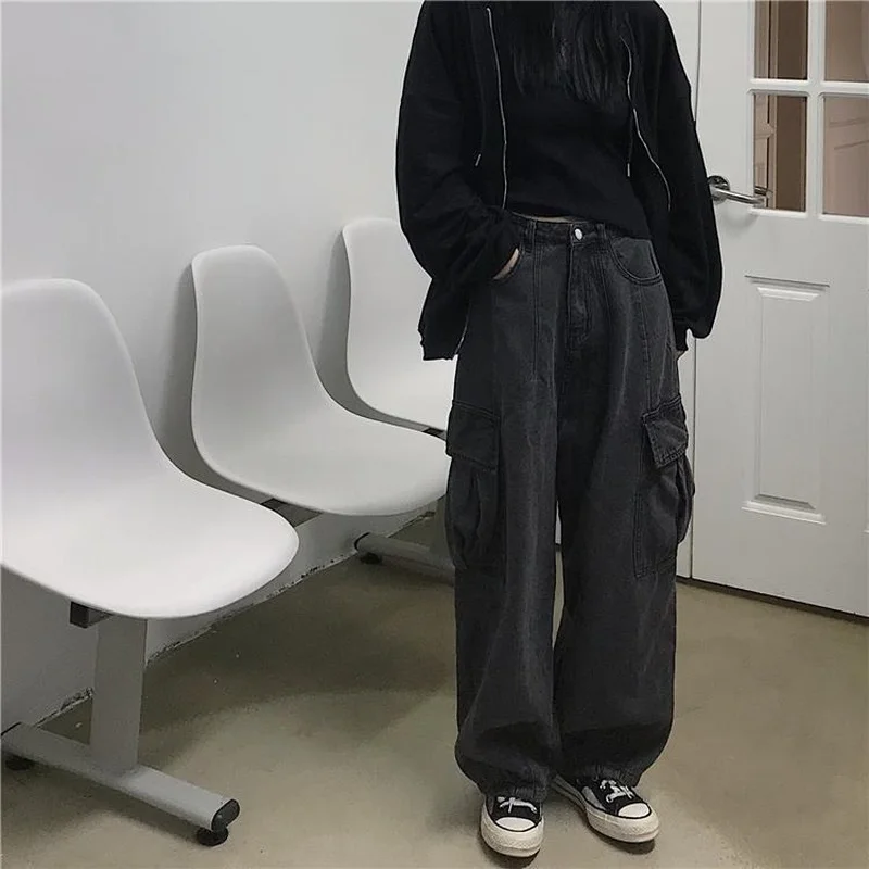 Emo Women Korean Fashion Alt Grunge Streetwear Techwear Baggy Jeans Oversized Pocket Cargo Denim Pants Hip Hop Wide Leg Trousers