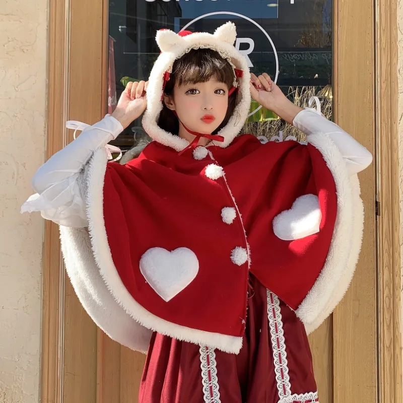 

Kawaii Girl Lolita Cape Coat Autumn Winter Fake Fur Cardigan Cat Ears Plush Christmas Cloak Women Cute Jacket Hooded Overcoat