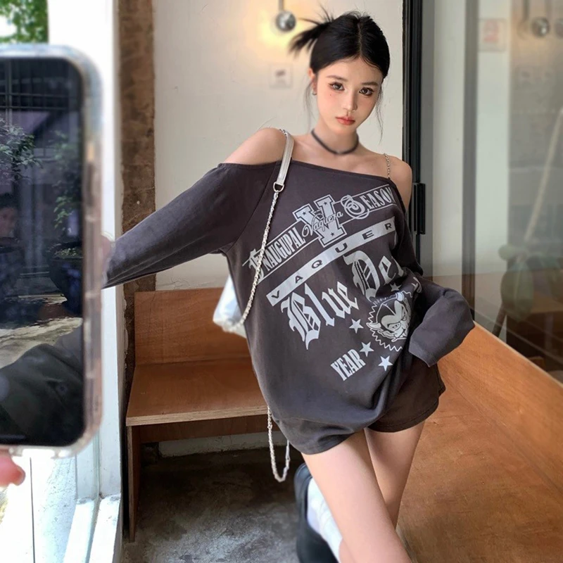 

Простой весенний топ с открытыми плечами в уличном стиле с буквенным принтом, Необычные подтяжки с длинным рукавом, корейский стиль