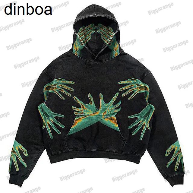 

2022 American Y2k Harajuku Goth Punk Palm Print Hoodie for Men High Street Oversized Men's Streetwear Casual Baggy Sweatshirt