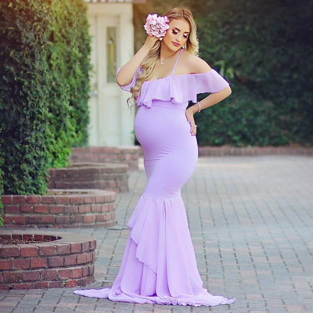 Women Pregnant Maternity Dress Ruffle Long Maxi Gown Photography Shoot Pregnancy Mermaid Dress Photography Props Off Shoulder enlarge