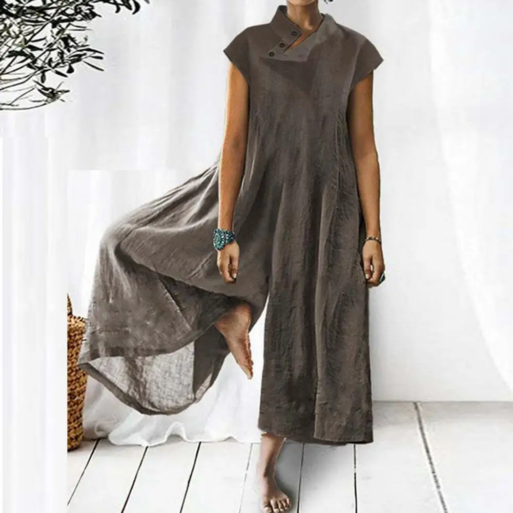 

Casual Button Stand Neck Short Sleeve Romper Solid Loose Wide Leg Pants Playsuits Summer Women Clothing Cotton Linen Jumpsuits