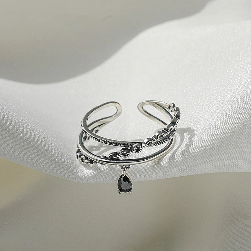 

Fashion Jewelry Finger Rings Black Crystal Dangle Vintage Temperament Anti-Slivery Plated Women Rings For Party Gifts