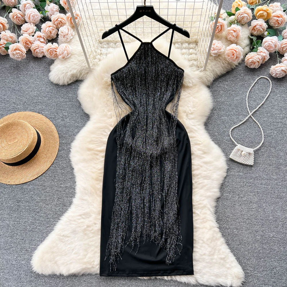 

Foamlina Sexy Women Black Tassels Bodycon Party Dress Elegant Summer Spaghetti Strap Sleeveless Backless Slim Evening Club Dress