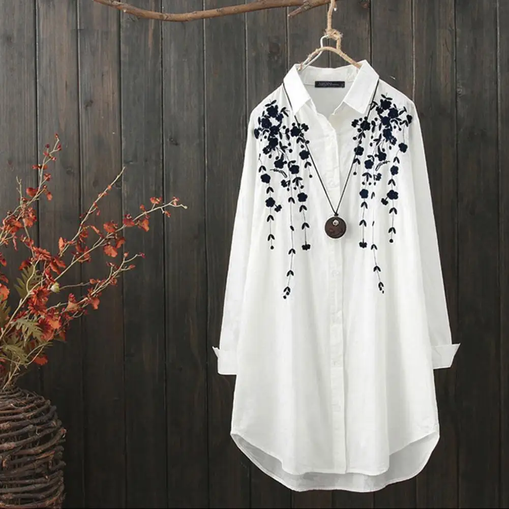 

Women Shirt Mid Length Solid Color Lapel Flower Print Single-breasted Warm Buttons Long Sleeves Lady Spring Shirt Female Clothes