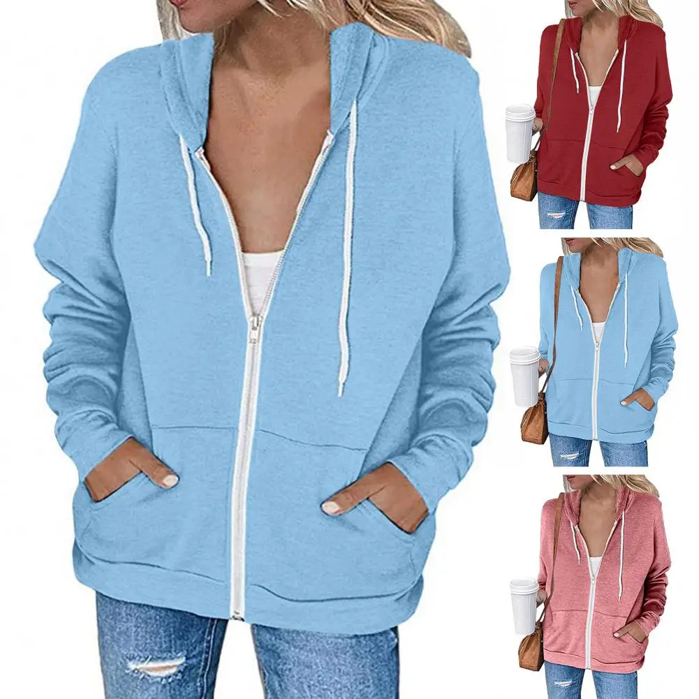 

Women Sweatshirt Coat Solid Color Hooded Drawstring Coat Autumn Long Sleeve Pockets Zipper Placket Outerwear