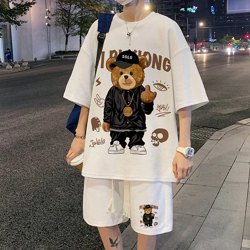 Y2K Fashion Little Bear Print Men's T-shirt Shorts Sets Oversize Loose Casual Suit for Male Unisex Street Sport Man Clothing