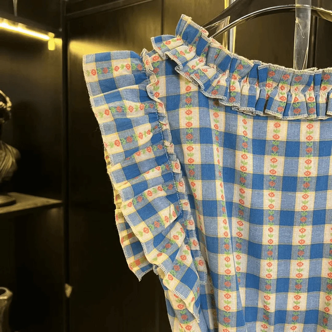 Французское синее романтичное кружевное платье в клетку Новинка лета 2024 легкая и