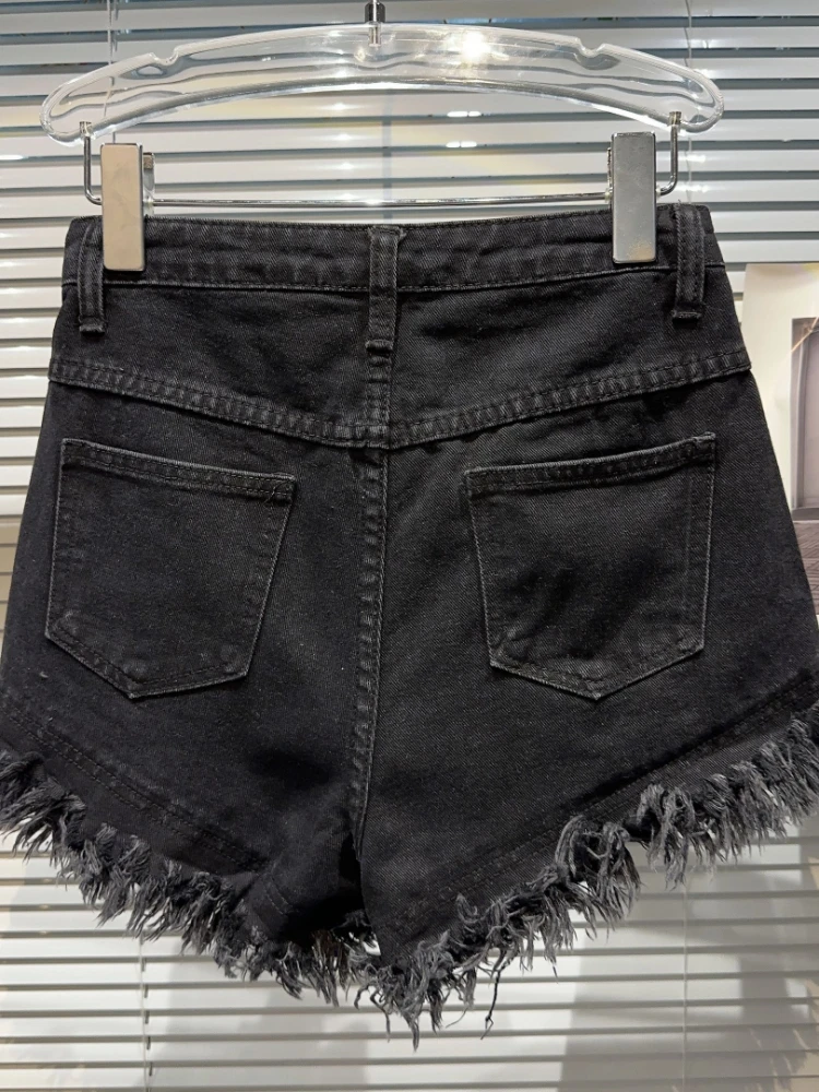 Black Booty Shorts Women Denim Shorts 2023 Spring Summer New Pearl Rhinestone Beaded Burrs Tassels Short Pants Sexy Girl