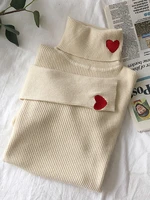2022 knitted women sweater ribbed pullovers heart embroidery turtleneck autumn winter basic women sweaters fit soft warm tops