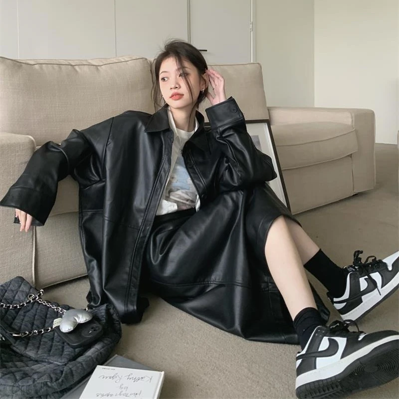 

Модный Весенний костюм из двух предметов, черная свободная крутая куртка из искусственной кожи + длинная юбка, шикарный Блейзер, женская одежда в стиле панк