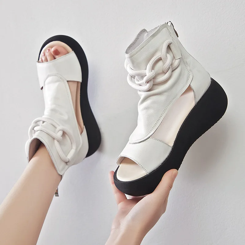 

GKTINOO New Design Fashion Women Sandals Summer Shoes 2022 Open Toe Genuine Leather Back Zipper Wedges Platform Casual Sandals