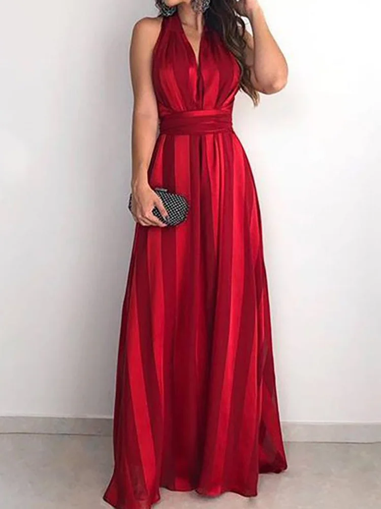 

2023 Striped V Neck Sleeveless Maxi Party Dress Women Tied Detail Elegant Long Dress