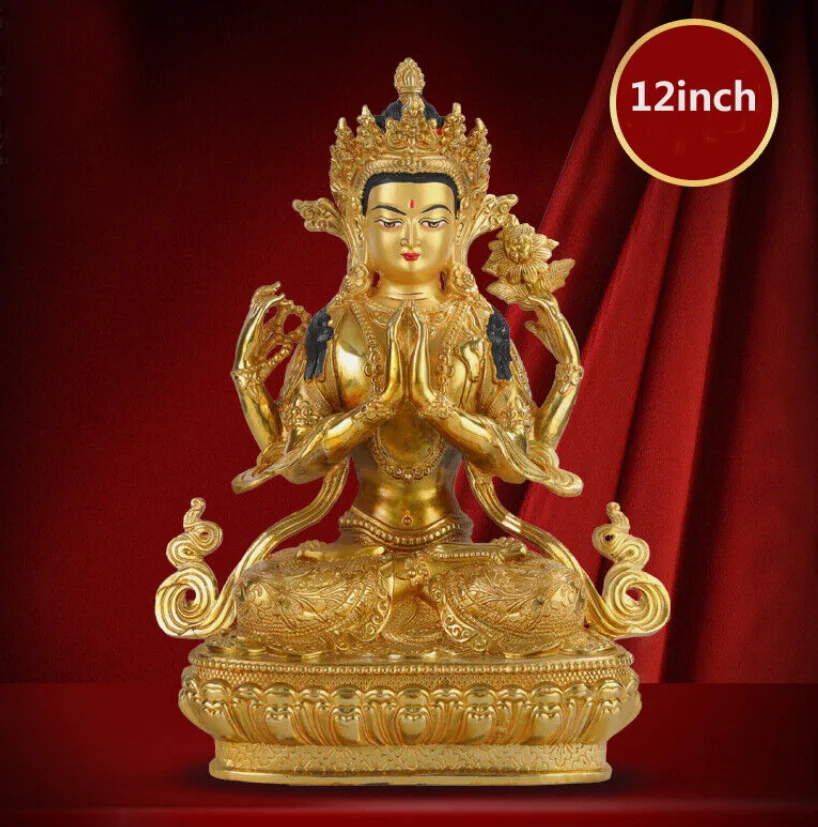 12-дюймовая настоящая тибетская статуя Ченрезиг ручной работы с 4 рычагами