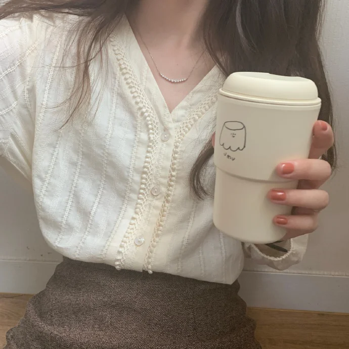 Кружевная рубашка с v-образным вырезом и пышными рукавами женская корейская