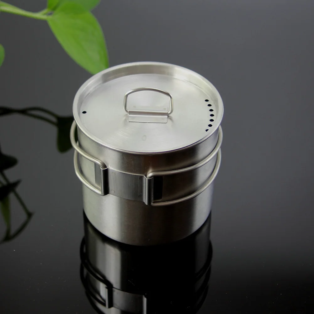 

New Outdoor Cup Stainless Water Cup Camping Pot 500ml 9.5*9*9cm Folding Handle Grey Stainless Steel For Camping