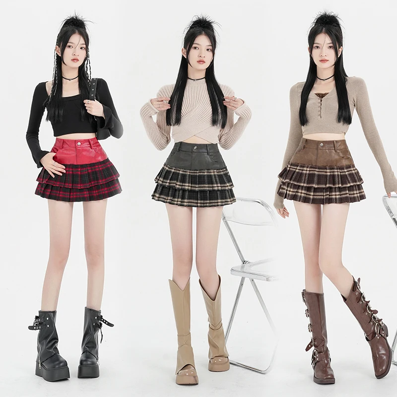 Женская мини-юбка в стиле пэчворк осенняя плиссированная кожаная короткая юбка с