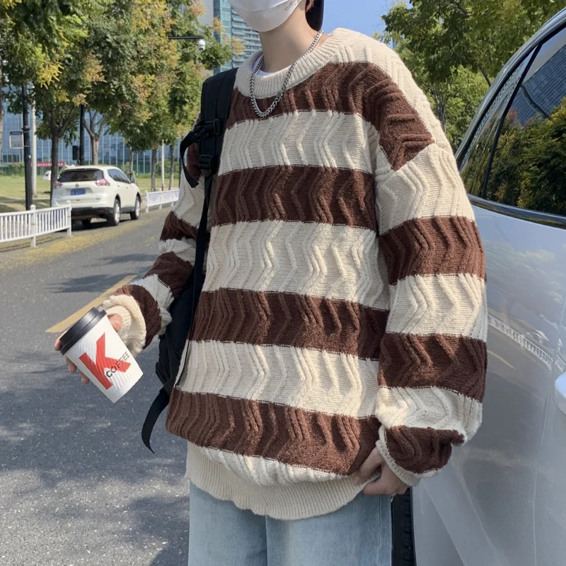 

Stripe color contrast sweater Men's autumn and winter monsoon sweater Crew neck sweater top