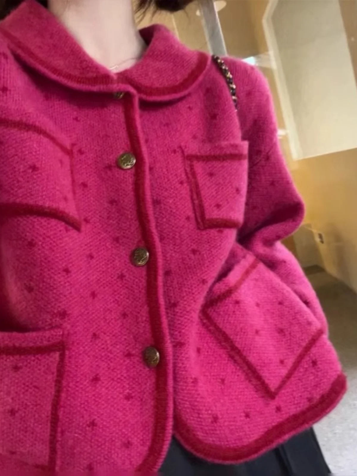 Воротник-поло Розово-красный топ Свободный классический Sle Idle Мягкий клейкий