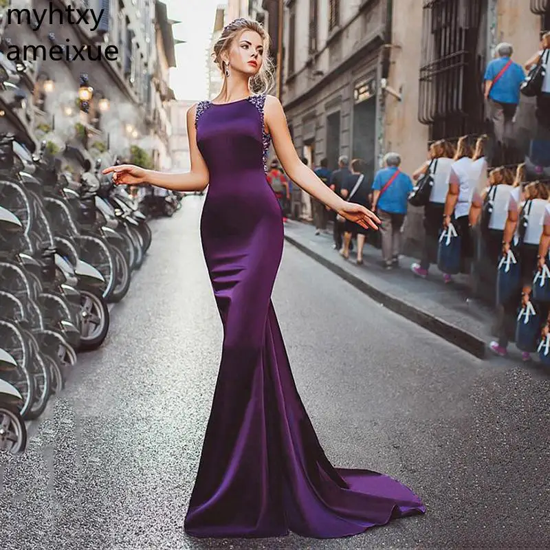 

Sexy Satin Mermaid Long Evening Dresses 2023 Purple Beadings Women Backless Formal Party Elegant Gown Robe De Soiree Party