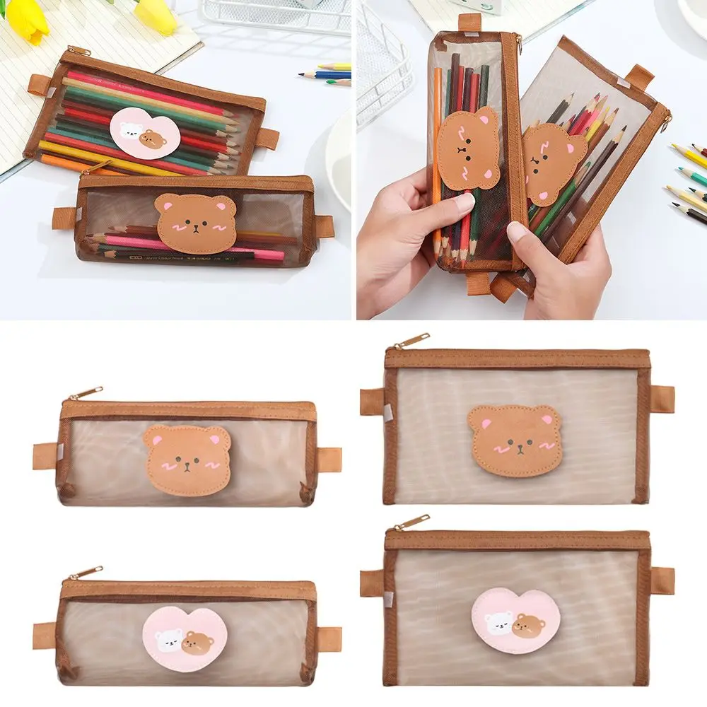 

Transparent Bear Brown Storage Bag Kawaii Student Pencil Bag Stationery Pouches Mesh Pencil Case