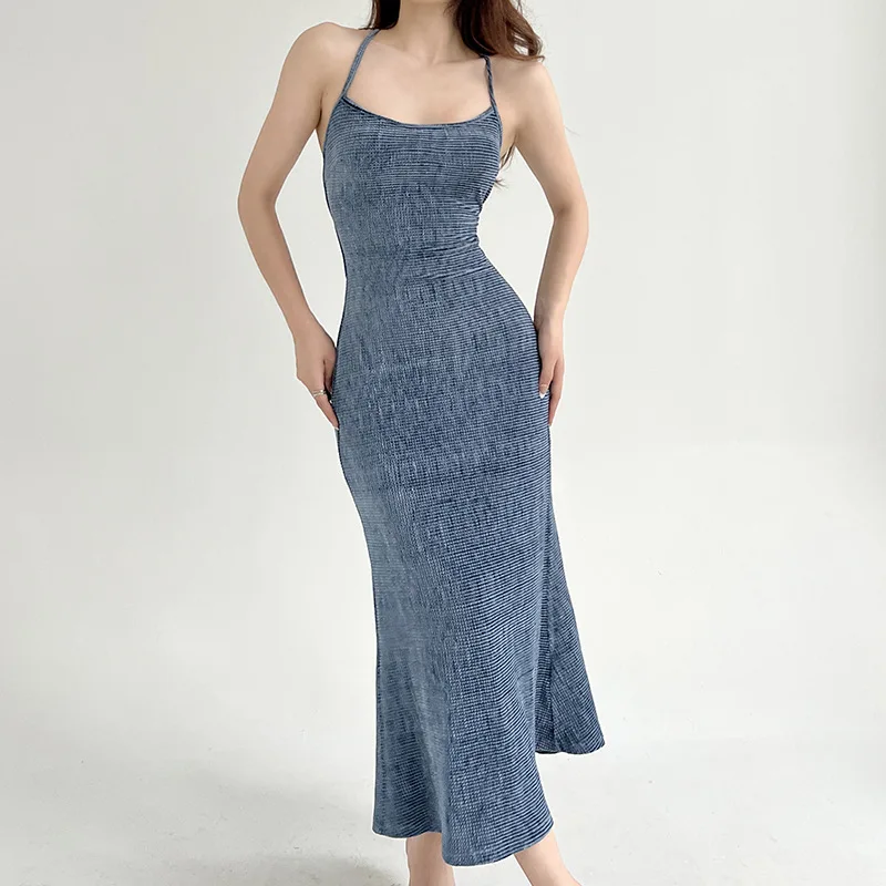 

Women Sexy Pleated Backless Sleeveless Bodycon Dress Fall Fashion Spaghetti Strap Elegant Bandage Stretch Goth Party Maxi Dress
