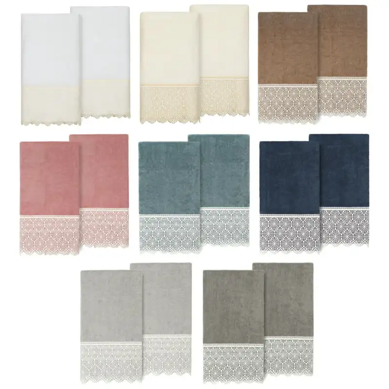 

Traditional/Contemporary 2 Piece Turkish Cotton Arian Cream Lace Embellished Bath Towels, White
