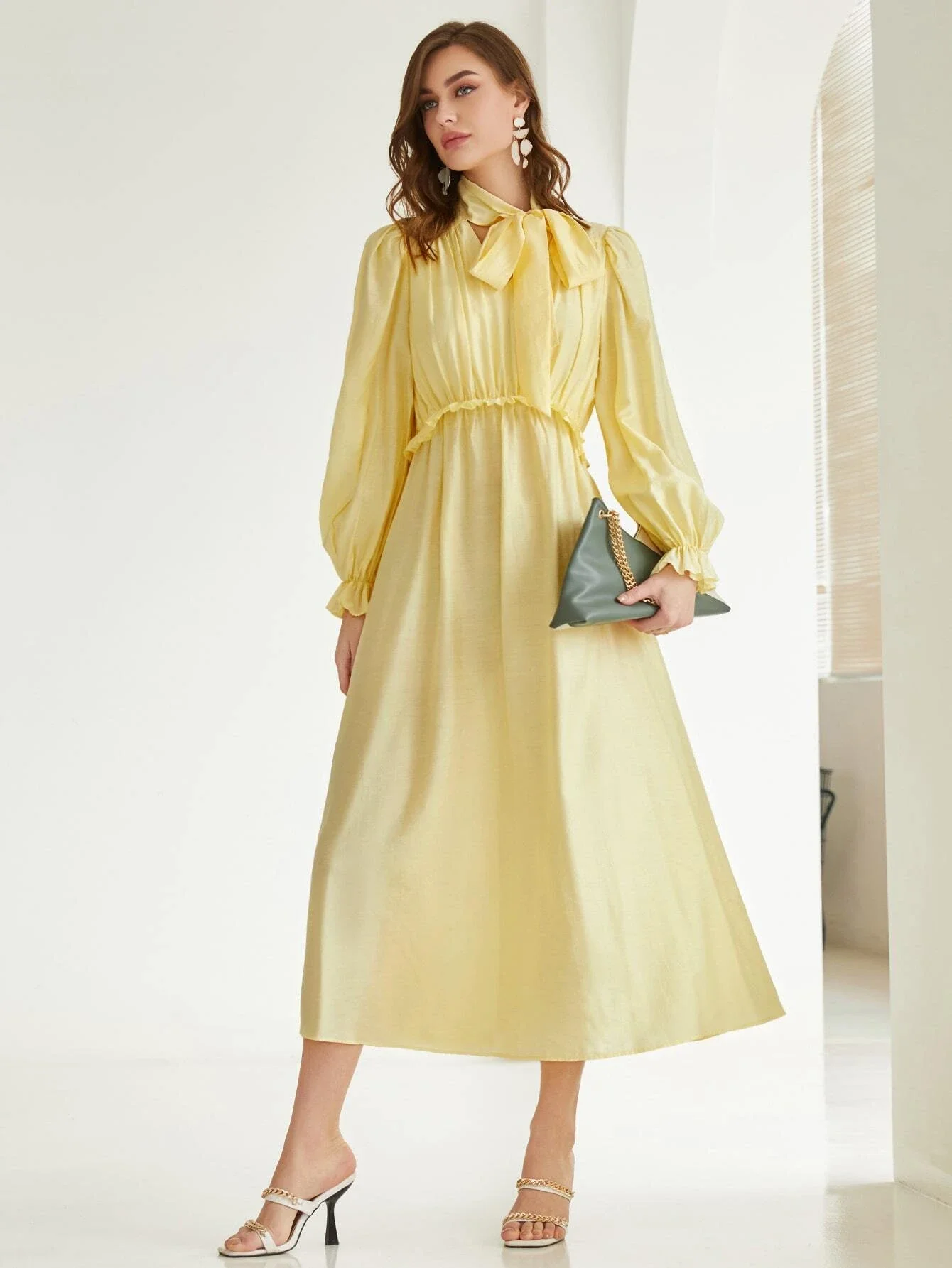 

Tie Neck Flounce Sleeve Dress