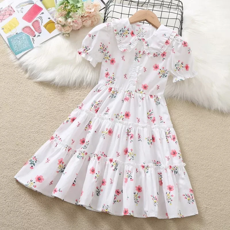 

Girls Floral Dresses 2023 New Korean Style Elegant Peter Pan Collar Ruffles Patchwork Kids Princess Dresses Children Clothing