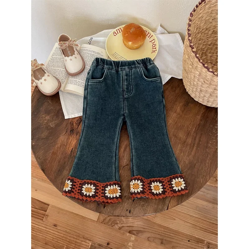 

Girls' Winter Single-Layer Fleece-Lined Trousers Fashionable New Thickening Embroidery Small Flower Horn Denim Elastic Pants