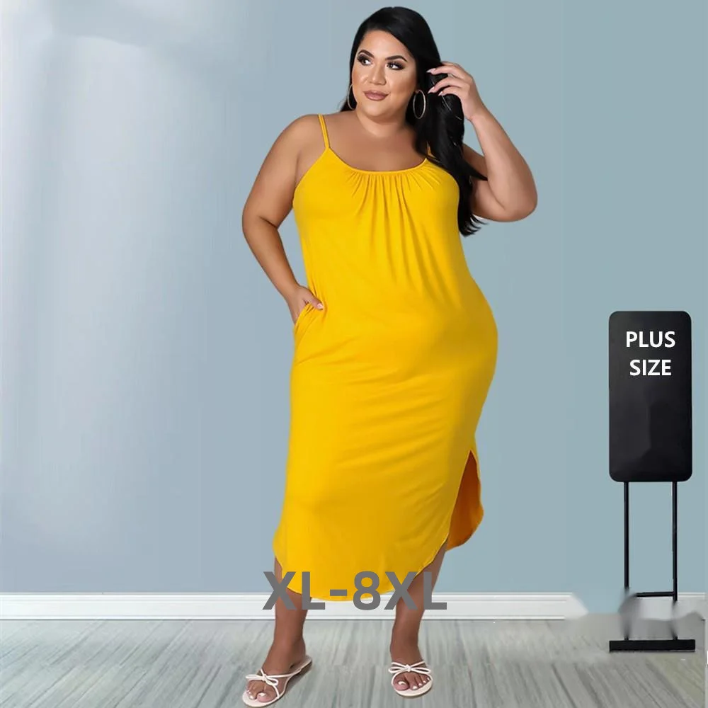 Plus Size Summer Dresses Women Clothes Solid Tank Pockets Elegant Loose Holiday Maxi Dress New Wholesa 3xl 4xl 5xl 6xl