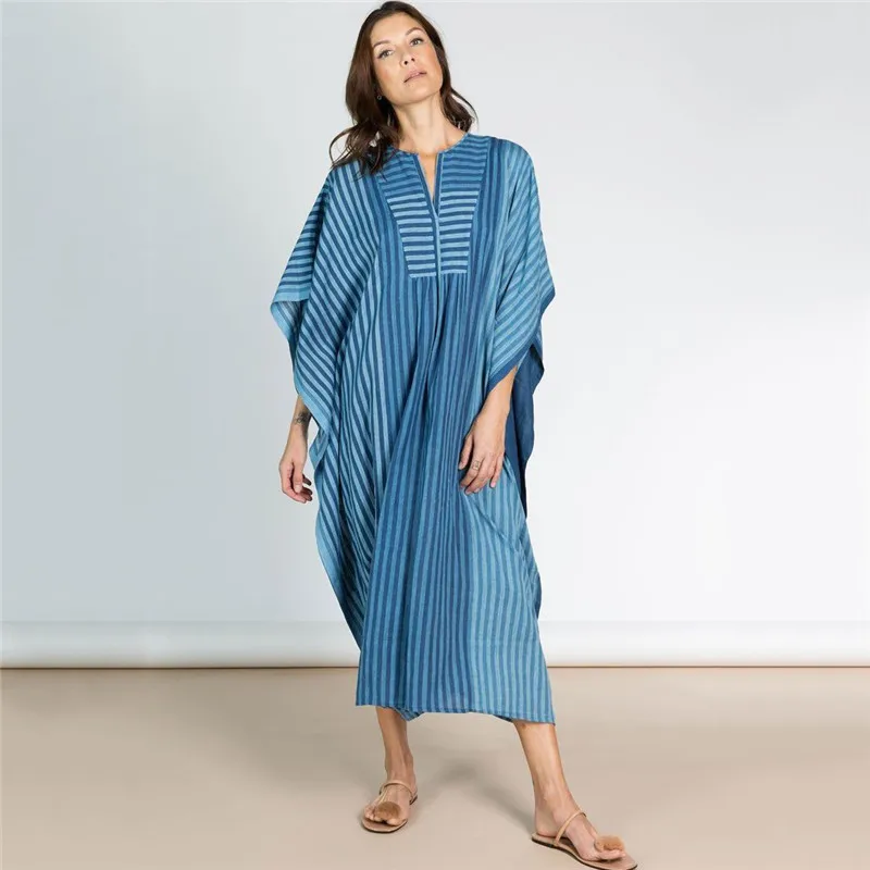 

TEELYNN Cotton Striped Printing Robe Woman V Neck Long Blouse Summer Boho Beach Tassle Blue Bohemian Dress Bikini Cover Up 2022