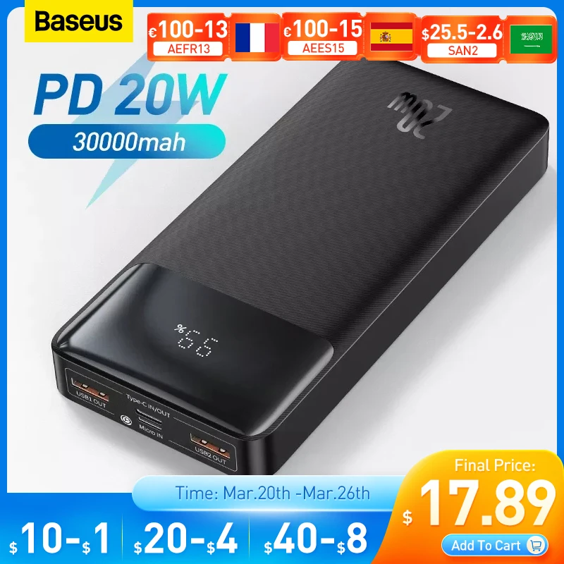 Baseus Power Bank 30000mAh Mobile Phone Charger Portable External Battery Powerbank Quick Charge For IPhone 13 Xiaomi Poverbank