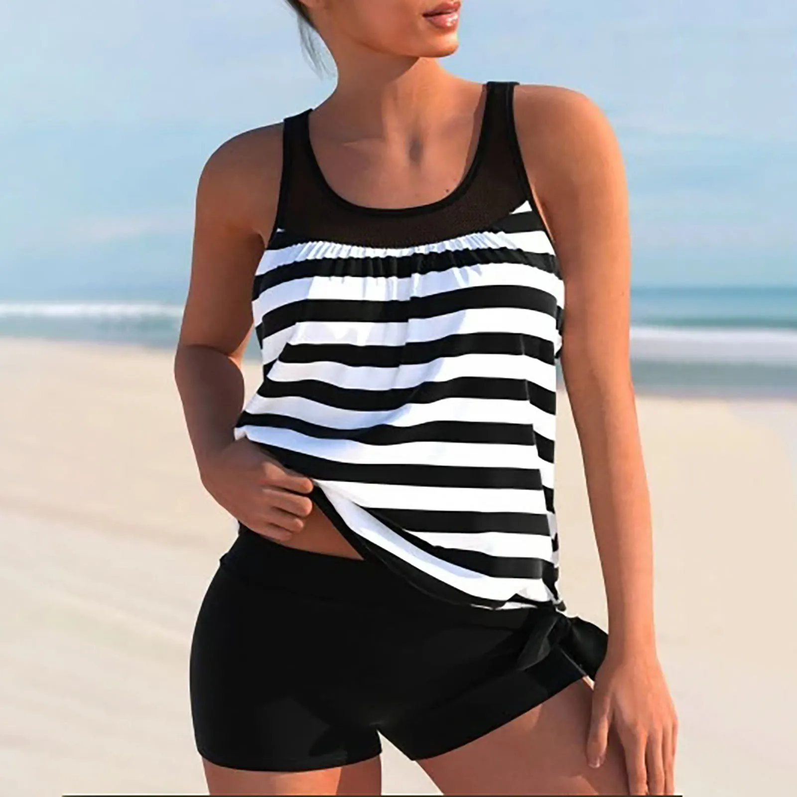 

Women's Swimsuit Stripe Print Bikini Set Conservative Vest Shorts Set Summer Beachwear Camisole Bathing Suit Купальник Женский