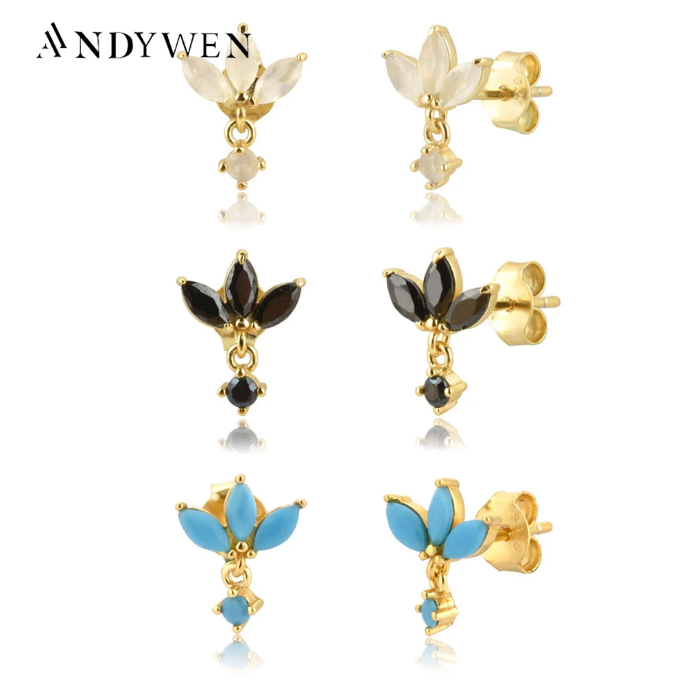

ANDYWEN 100% Real 925 Sterling Silver Three Zircon Stud Earring Milk Black Piercing 2020 Crystal CZ Rock Punk Special Jewelry