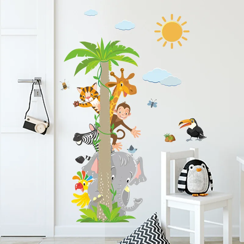 Мультяшный лист Дерево Животные Слон Жираф Обезьяна наклейки для детской
