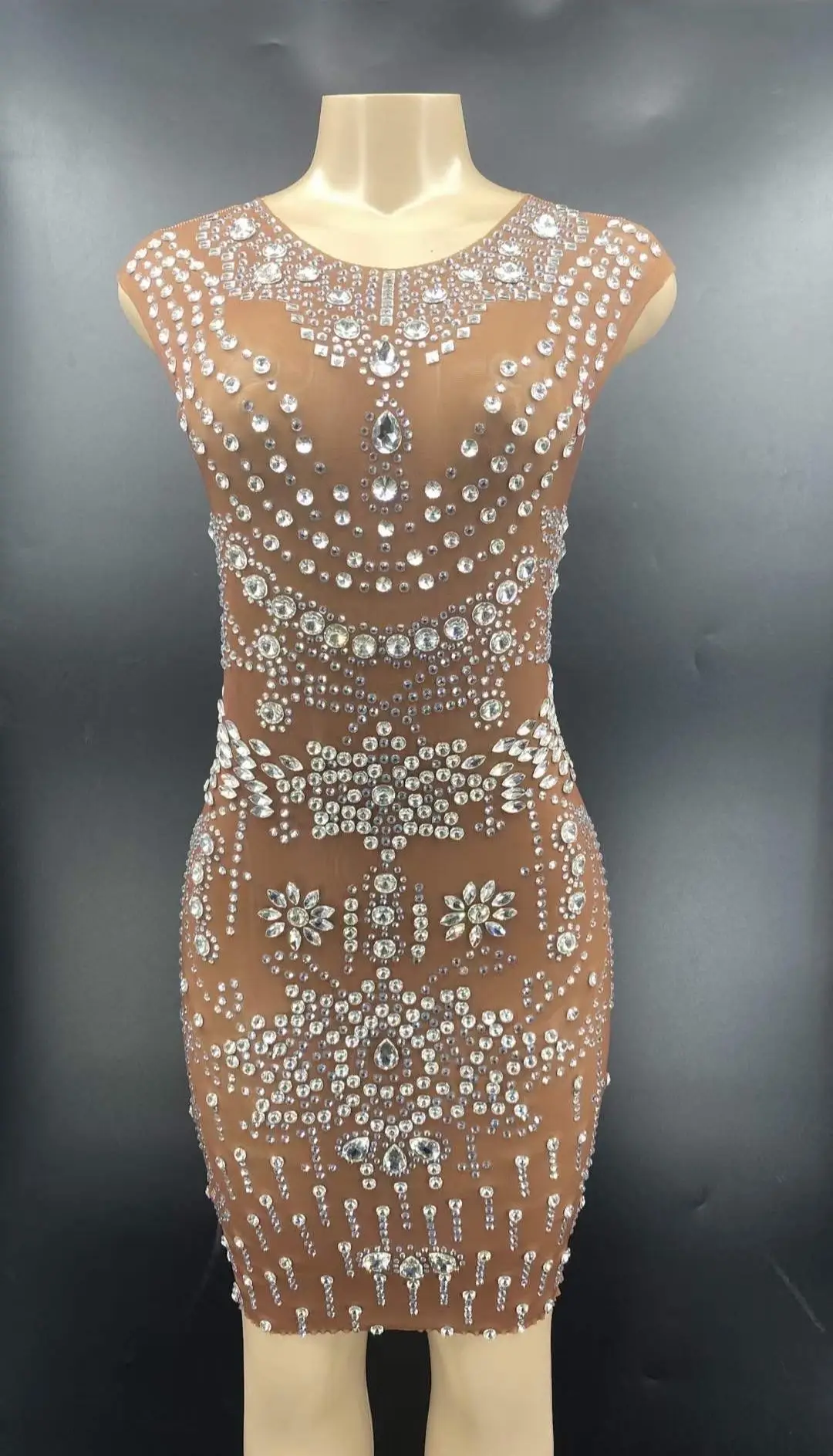 

Sleeveless Shining Crystal Sparkly Rhinestones Sexy Women Sheath Dress Party Club Evening Clothing Dance Stage Costumes